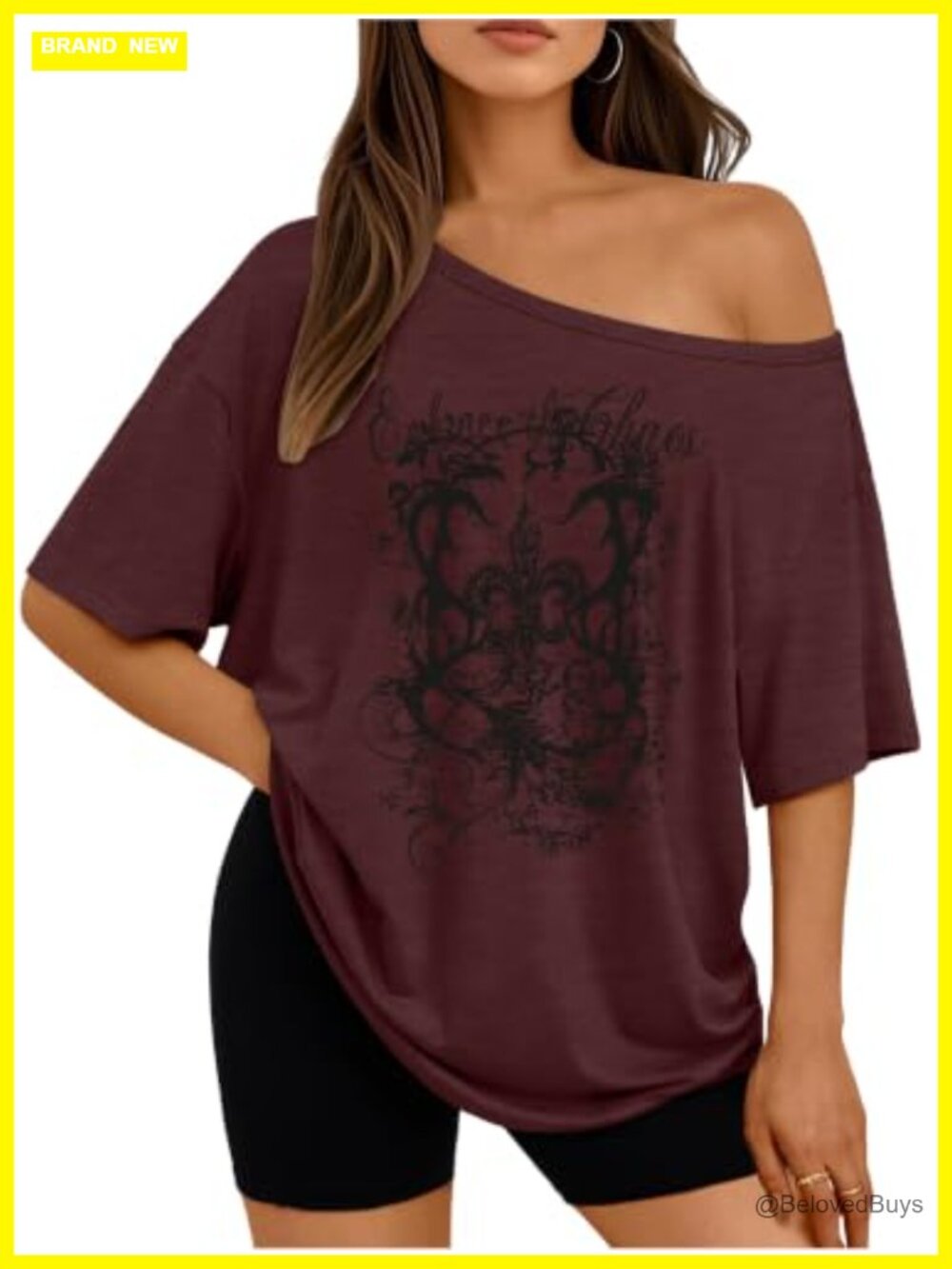 Off Shoulder Oversized Graphic T Shirt Y2K Polyester Spandex Tee Women's
